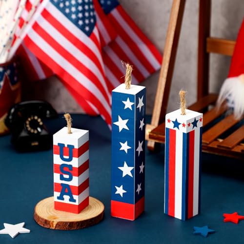 Image of Amyhill 3 Pcs 4th of July Decorations Set Wooden Patriotic Table Centerpieces Independence Day Wood Firework Fourth of July Table Signs for 250th Anniversary Home Farmhouse Decor (Stylish Style)