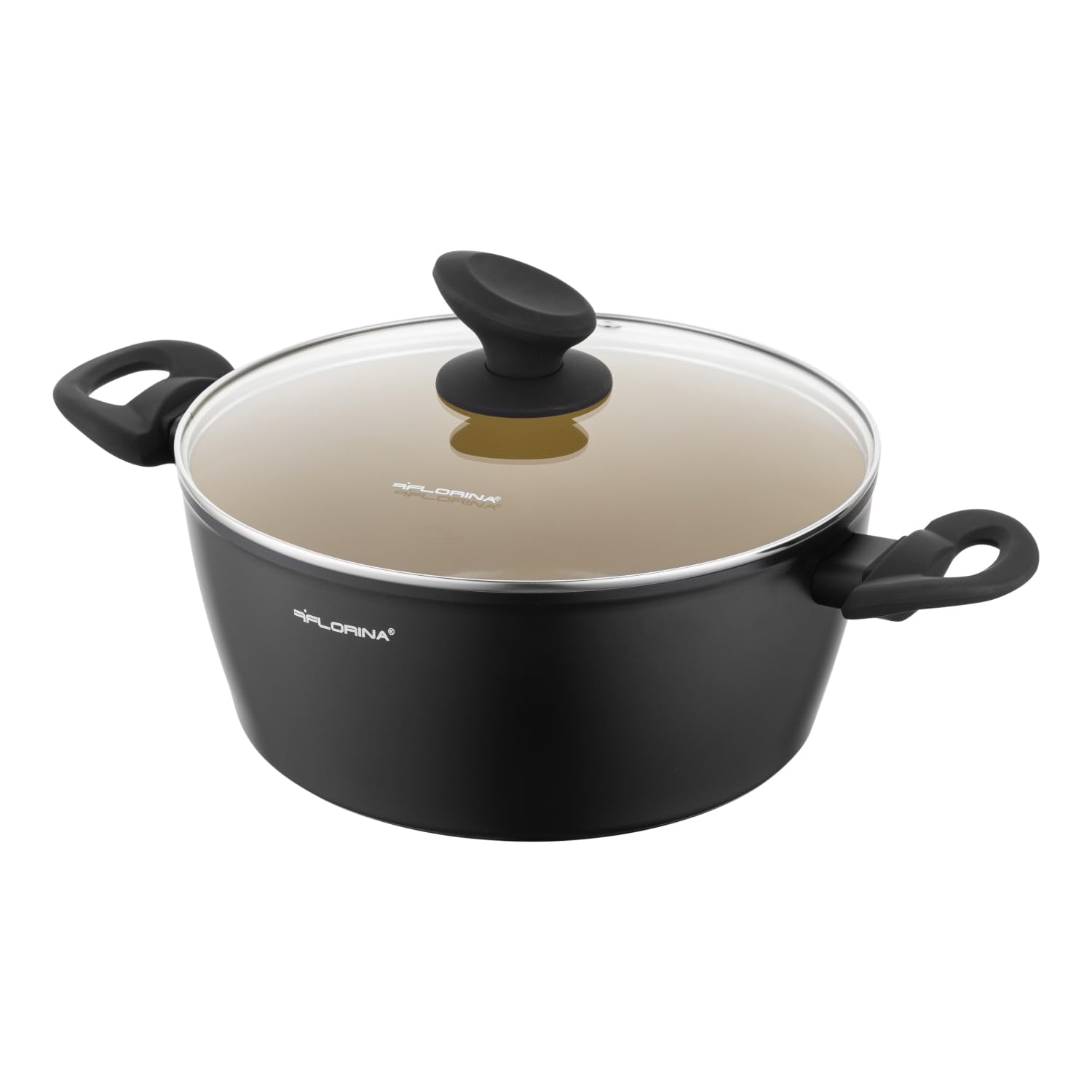 FLORINA AMVEGAN Aluminiumtopf 24 cm I 3,6L I Hohe Haltbarkeit I Glasdeckel I Olivenöl-Keramikbeschichtung I Einfaches Kochen & Spülen I Für alle Herdarten I Originales Design