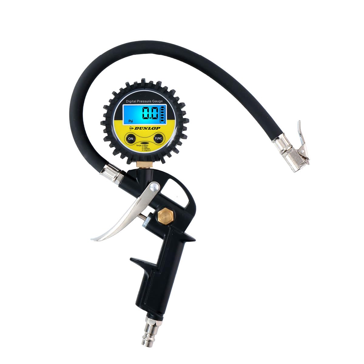 Dunlop Digitales Reifendruckprüfer - Misst in PSI/BAR/KPA/KG - Batteriebetrieben - 30 CM Luftschlauch - Passend für die meisten Luftkompressoren - Auto, Fahhrad, Motorrad und LKW - Schwarz