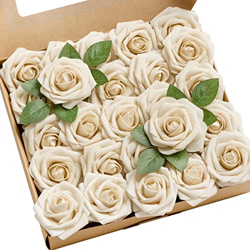 Ling's moment Artificial Flowers 25Pcs Tawny Beige Roses Decor w/Stems,3" DIY Foam Floral for Wedding Bouquet/Centerpieces, Outdoors Party Backdrop, Room/Table, and Garden/Pot Decorations