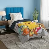 Northwest Pokemon Battle Squad Twin Size Bed in a Bag Set, Pikachu Charmander Squirtle Eevee, Kids Boys Girls Bedding Comforter Sheets