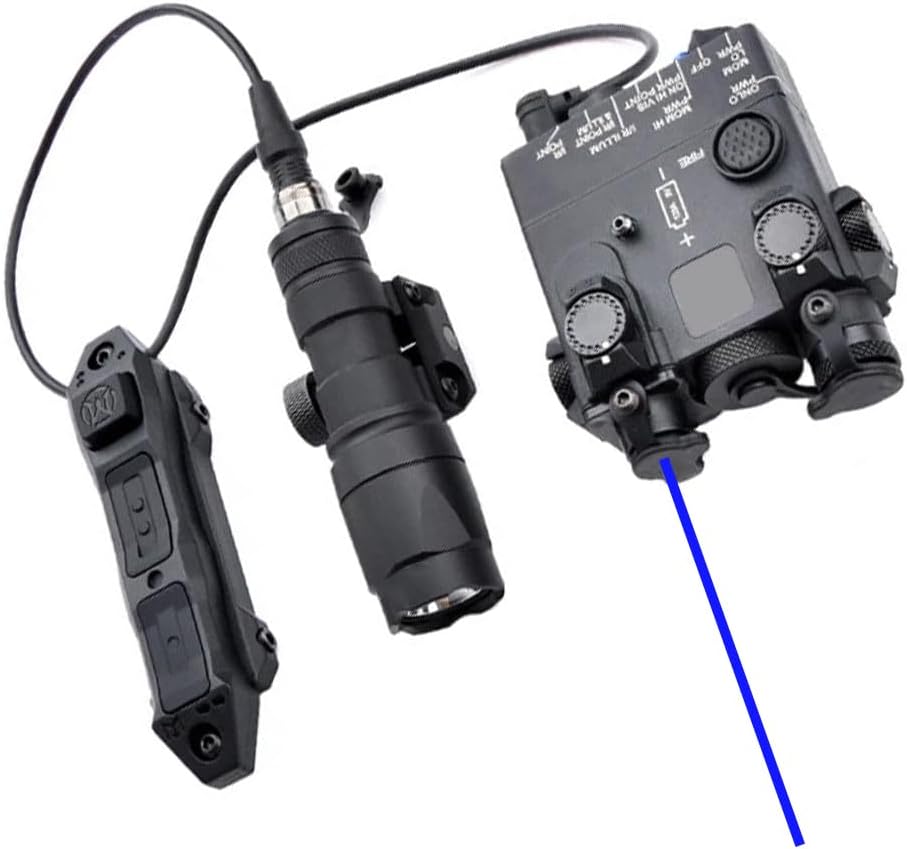 DABL-A2 Airsoft Aiming Indicator Laser Sight & M300A Scout Torch Flashlight & Dual Control Remote Pressure Switch Combo，Box with IR Red/Green/Blue Laser White LED Light，Fits 20mm Picatinny Rail，Black