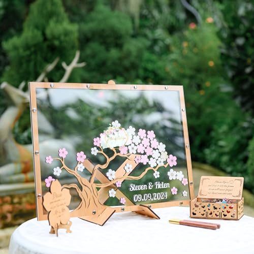 Image of Rustic Fall Maple Tree Wedding Guest Book Alternative with Drop Leaves | Personalized autumn leaf drop box frame with sign-in leaves for custom names and date, rustic fall wedding decor