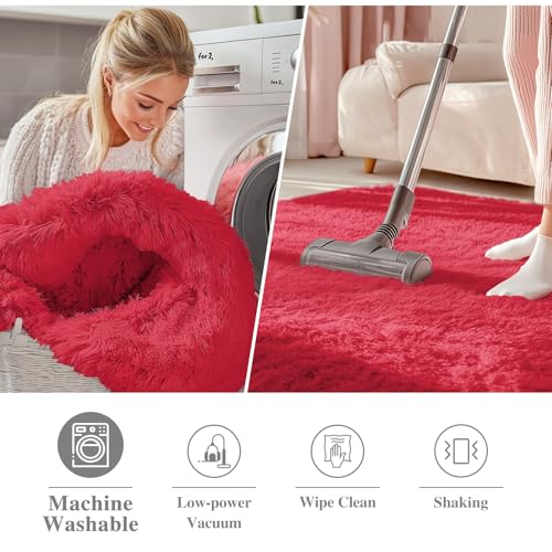 OLANLY Red Round Rugs for Bedroom - Machine Washable, 2 ft Circle Area Rugs for Living Room, Soft and Fluffy Shaggy Carpet for Teen Girls and Boys, Nursery Rooms, Dorms, Home Decor Aesthetic