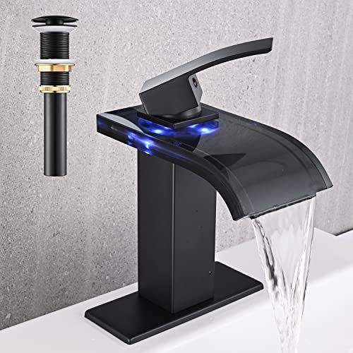Avsiile Led Bathroom Sink Faucet, Matte Black Waterfall Single Hole Handle Rv Bath Vanity Faucets For Sinks 1 Hole With Metal Pop Up Drain And 2 Water Supply Lines, Wide Glass Spout #TOP4