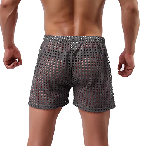 Mens Swimsuits Sexy Mesh Hollow Sexy Mesh Half Shorts Drawstring Beach Surfing Board Shorts Fashion Swimming Trunks4