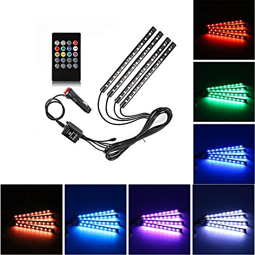 Ambertech Multicolor Music Car Interior Light 4PCS 48 LEDs Automobile LED Strip Lights Glow Neon Décoration Lampe avec fonction audio active et télécommande sans fil