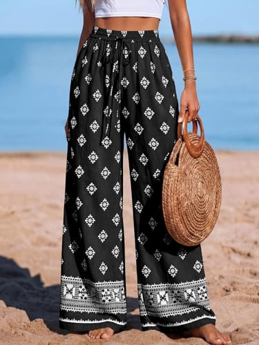 Image of PRETTYGARDEN Womens Pants Elastic Waist Floral Lightweight Palazzo Pants for Women Casual Lounge Wide Leg Pants Woman