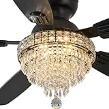 Crystal Ceiling Fan Fandelier with Lights-Ceiling Fans,50' Low Profile and Remote Control, Flush Mount, Reversible, Dimmable, Noiseless, Black Ceiling Fan for Bedroom