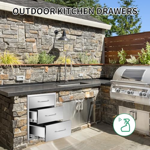 Image of Outdoor Kitchen Drawers 18 inch W x 21 inch H x 21 inch D Stainless Steel Triple Drawers with Ergonomic Handle for BBQ Island, Patio Grill Station & Outdoor Kitchen Cabinets