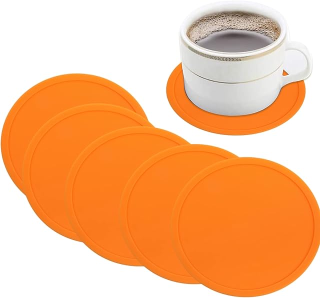 Drink Coasters Set of 6, Silicone Non-Slip Washable Cup Mats Coaster for Drinks Home and Outdoor (Orange)