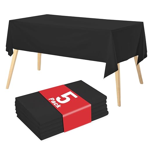 Plastic Table Cloth Disposable, 5 Packs Disposable Tablecloth 54 X 108 Inch Black Plastic Tablecloth for Rectangle Tables Tougher PEVA Table Cover for Party Decorations Picnic Dining Birthday