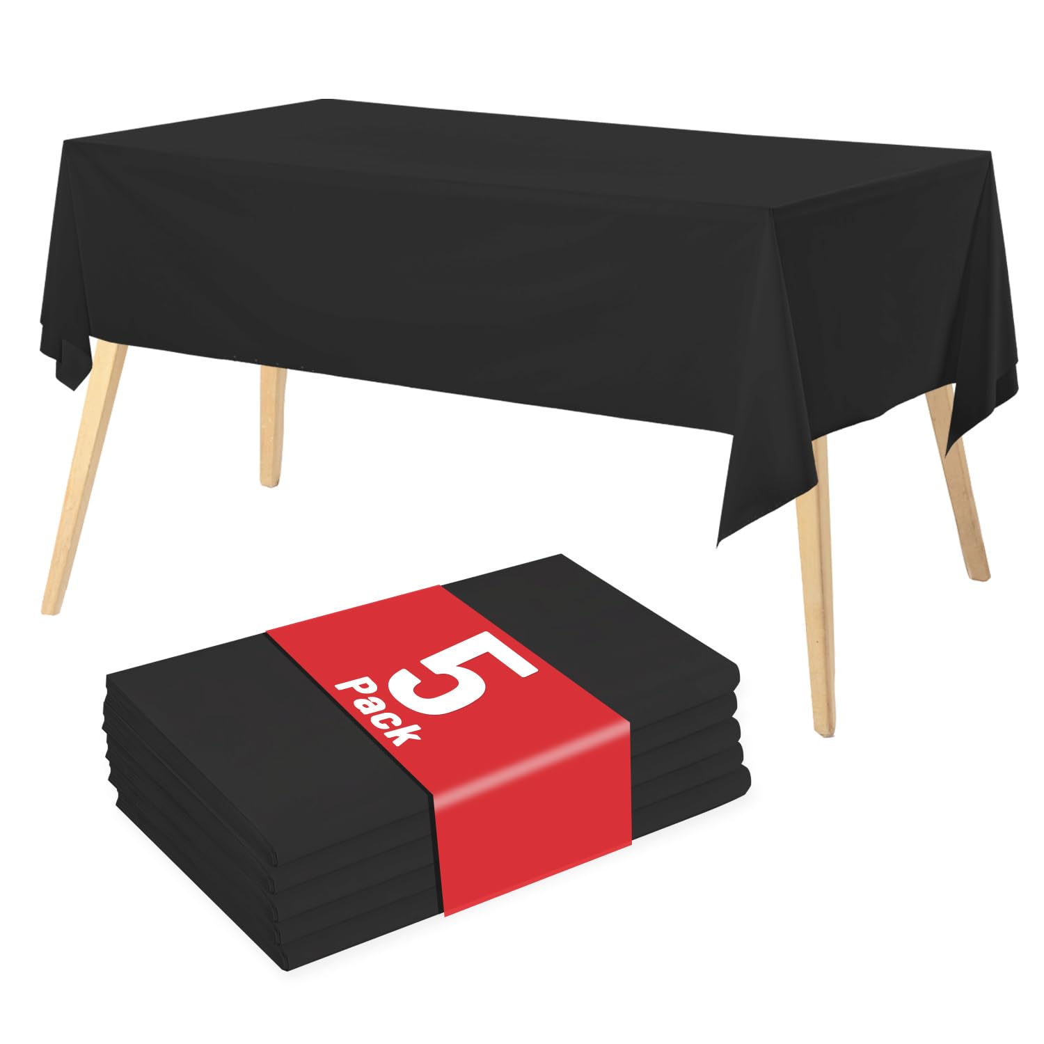 Airbin Plastic Table Cloth Disposable, 5 Packs Disposable Tablecloth 54 X 108 Inch Black Plastic Tablecloth for Rectangle Tables Tougher PEVA Table
