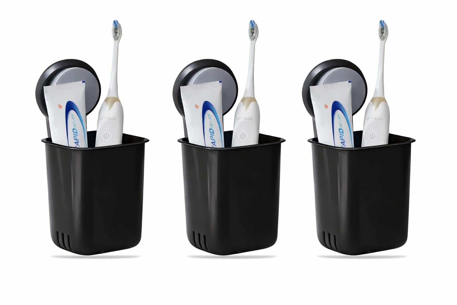 Wall-Mounted Tooth Brush Holder Bathroom - Self-Adhesive Bathroom Organiser Without Drill for Toothbrushes, Toothpaste and Makeup Brushes - Plastic Brush Holder for Bathroom (3, Black)