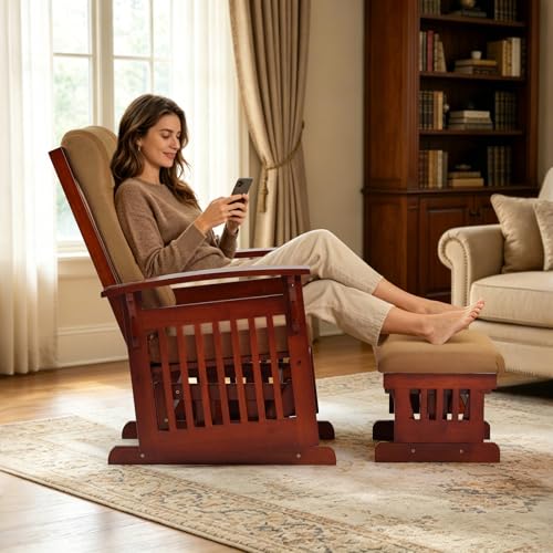 Image of Solid Wood Glider Rocking Chair & Ottoman Set, Perfect for Nursery & Nursing, Padded Cushion with Smooth Rocking Motion, Rustic Finish for Living Room Napping and Reading,Dark Brownish