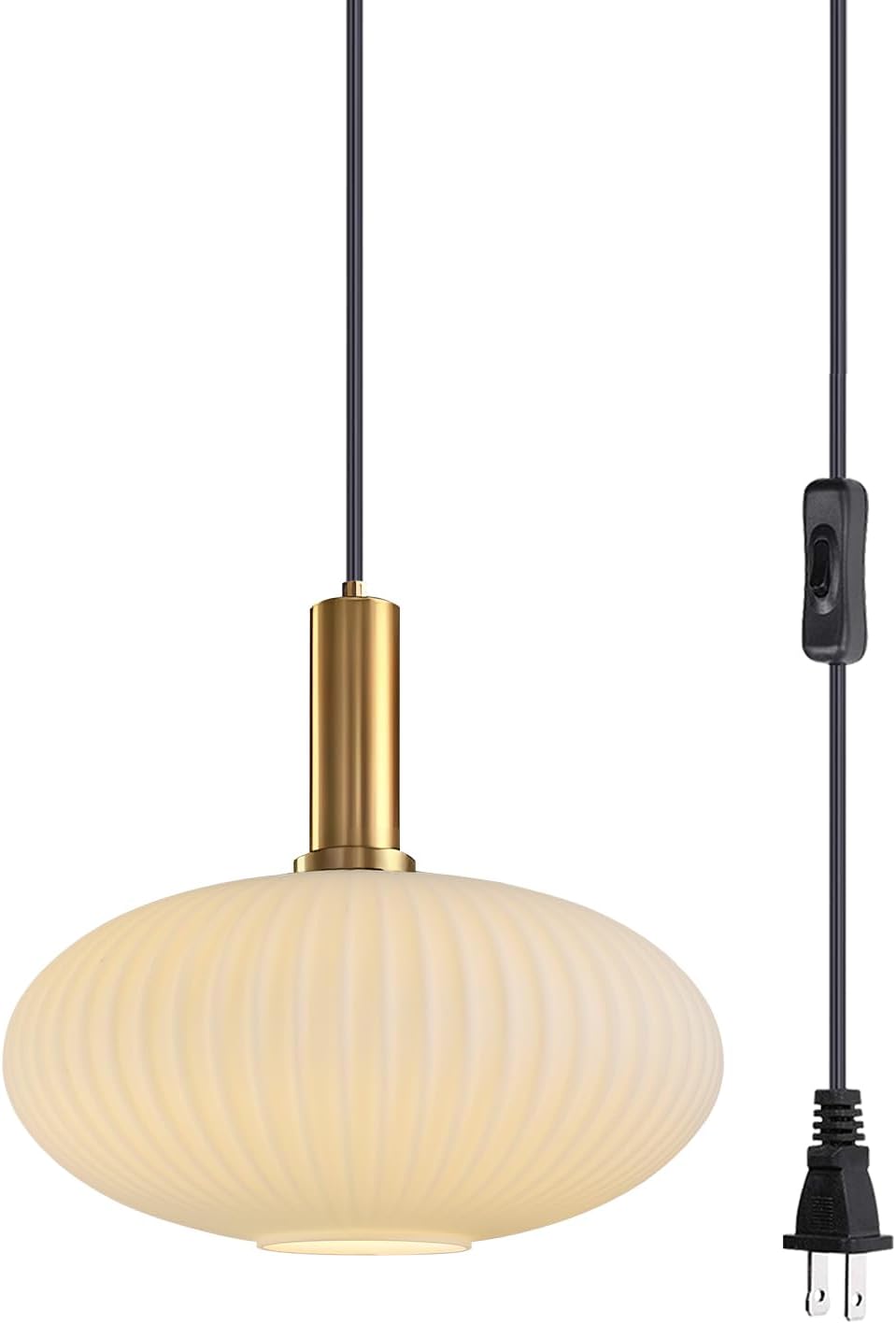 KCO Lighting Large Globe Pendant Ceiling Light Fixture White Hanging Lamp Plug in Vintage Mid Century Modern Plug in Pendant Light Striped Glass Pendant Light