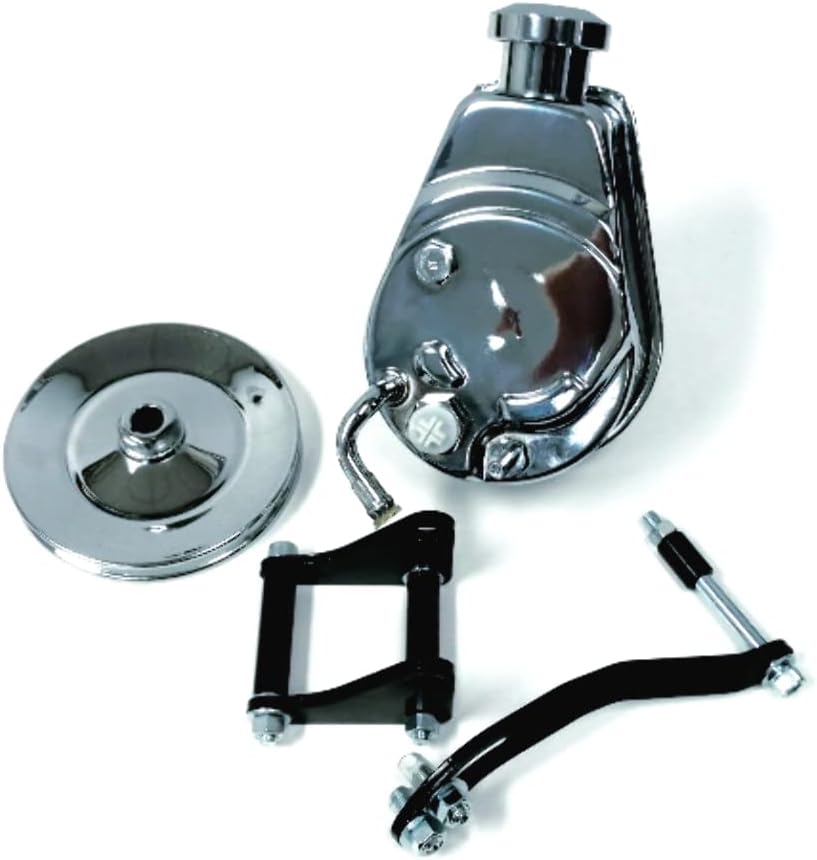 SBC Chevy Chrome Saginaw Style Power Steering Pump w/Pulley & Black Bracket