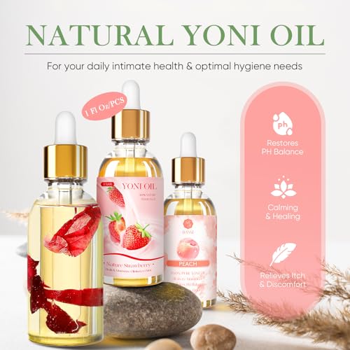Image of Yoni Oil for Women 3 PCS Feminine Oil for pH Balance-Rose&Strawberry&Peach | Feminine Oil Vaginal Moisturizer - Reduces Odor, Restores pH Balance, Helps with Vaginal Itch 1 fl oz /pcs