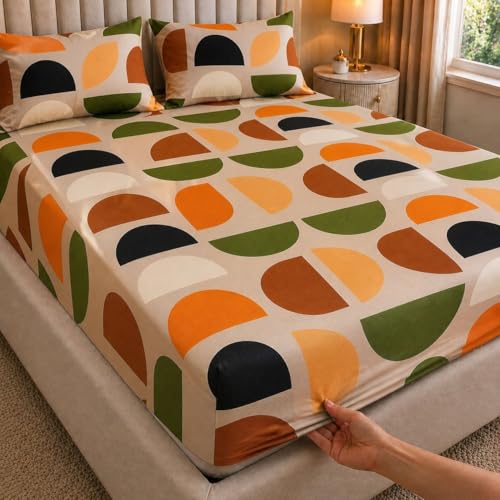 Image of Castiqa Elastic Fitted Supersoft Premium Brushed Cotton 200TC Double Bedsheets King Size 78x72 Inch with 2 Pillow Covers (Fits Upto Mattress of 10 Inches) (Orange)