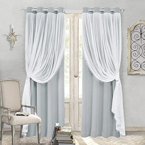 SOFJAGETQ Short Light Gray Blackout Curtains with White Sheer - Double Layered Grommet Window Treatment Decorations for Bedroom Living Room Nursery, 52 x 54 in, 2 Panels