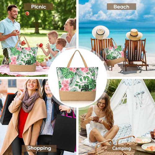 Image of Trifabricy Beach Bag for Women, Large Beach Tote Bags with Zipper, Woven Straw Tote Waterproof, Swim Gym Shopping Travel Bag