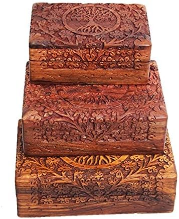 Handmade Sheesham Wood Jewelry Storage Box Set of 3 โ Hand-Carved Tree Design Keepsake, Decorative Wooden Gift Boxes for Trinkets, Jewelry & Accessories Organizer.