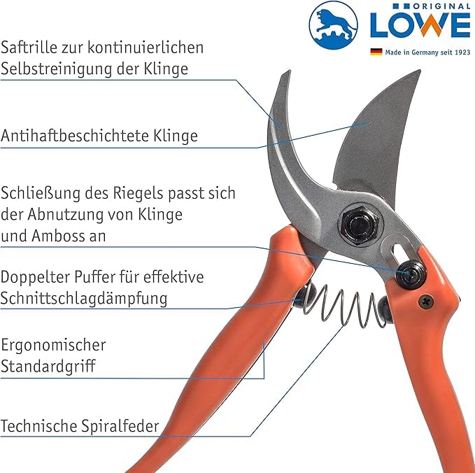 Original LÖWE 15 Amboss Gartenschere 15.107 mit Bypass Geometrie für kleinere bis mittlere Hände & 14 Bypass Rosenschere 14.104 mit scharfen Stahl-Klingen aus Carbon