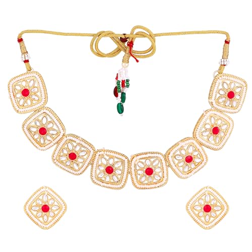 Gehena by Estele Gold Plated Dazzling Square Designer Kundan-Studded Choker Necklace Set with Ruby Stones for Girls and Women (B0CKBWDQ64) Amazon Price History, Amazon Price Tracker