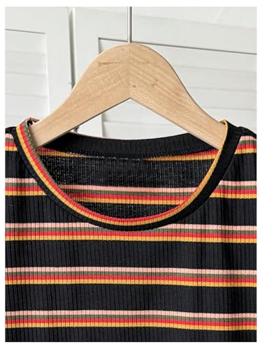 OYOANGLE Girl's Striped Print Short Sleeve T Shirts Ribbed Knit Crew Neck Crop Tops3