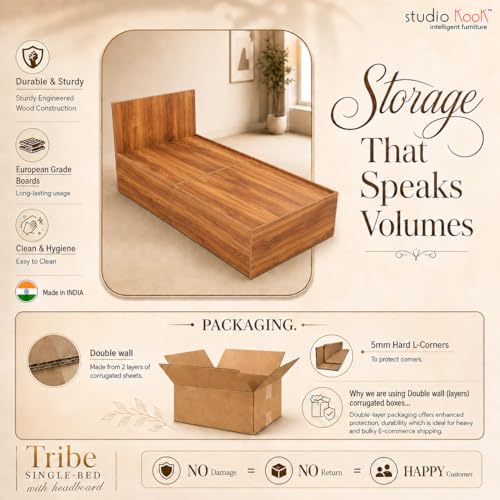 Image of Studio Kook Tribe with Headboard Engineered Wood Single Bed with Drawers (Amber Walnut, Left Side Drawer)