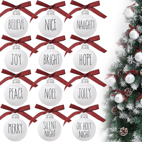 MLMTFI 12 Pcs Christmas Ball Ornaments 2.36'' Shatterproof White Bulbs with Buffalo Plaid Bows Hanging Ornament Balls Farmhouse Christmas Tree Decor Home Tree Party Decor Xmas Plastic Ball Decorations