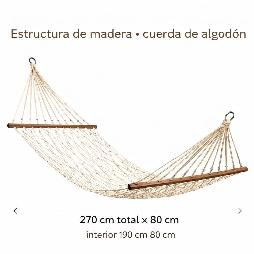 Hamaca Macramé de 270 x 80 cm (Zona Útil 190 x 80 cm) Hamaca de Red Estilo Boho para Jardín Terraza Interior Camping Campers o Caravanas Bolsa de Transporte incluida