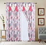 Gentle Home 2PC Flower Print Curtain Window Panel Set with Attached Valance with Beads Sheer Backing...