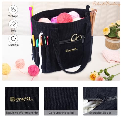 Image of MYBAGZING Crochet Bag and Tote - Corduroy Yarn Bag - Yarn Holder for Crocheting - Crochet Storage Bag for Crochet Hooks, Crochet Accessories, Knitting Bag for Crochet Lovers, Mom Gift
