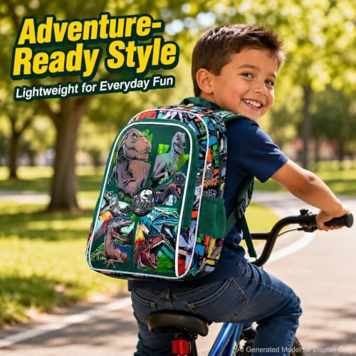 Image of CCJPX 3PCS Dinosaur Backpack for Boys, 16 Inch Water Resistant Preschool Bookbags, Cool Kindergarten School Backpacks and Lunch Box(Green)
