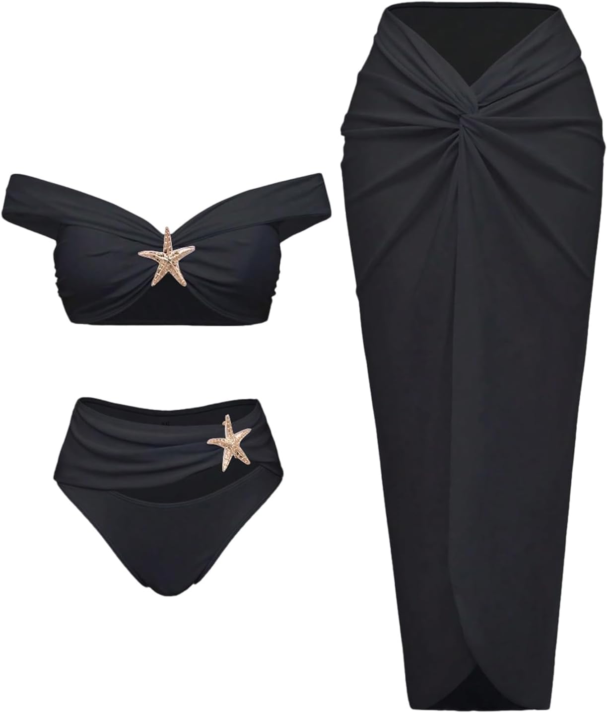 SOLY HUX 3 Piece Swimsuits for Women Sexy Summer Gold Off-Shoulder Bikini Sets Cover Up Skirt Bathing Suit