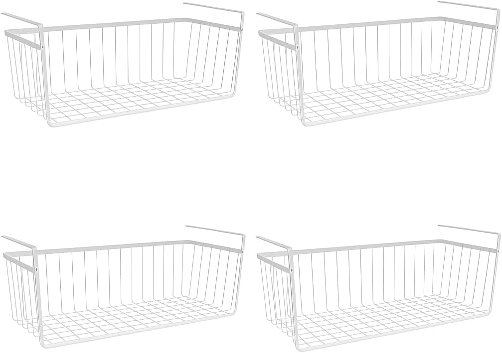 Modern Home Under Shelf Wire Storage Baskets – Hanging Organizer Rack for Cabinet, Pantry, or Closet – White Metal Basket for Kitchen, Towels, or Office – No Tools Required (Set of 4 19")