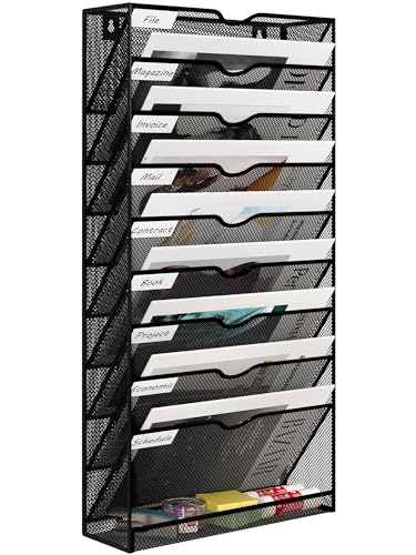 EasyPAG 10 Compartiments Métal Porte Document Mural A4 Porte Revue Suspendu Organisateur de Bureau à Suspendre Banette de Rangement Range Papier Corbeille a...