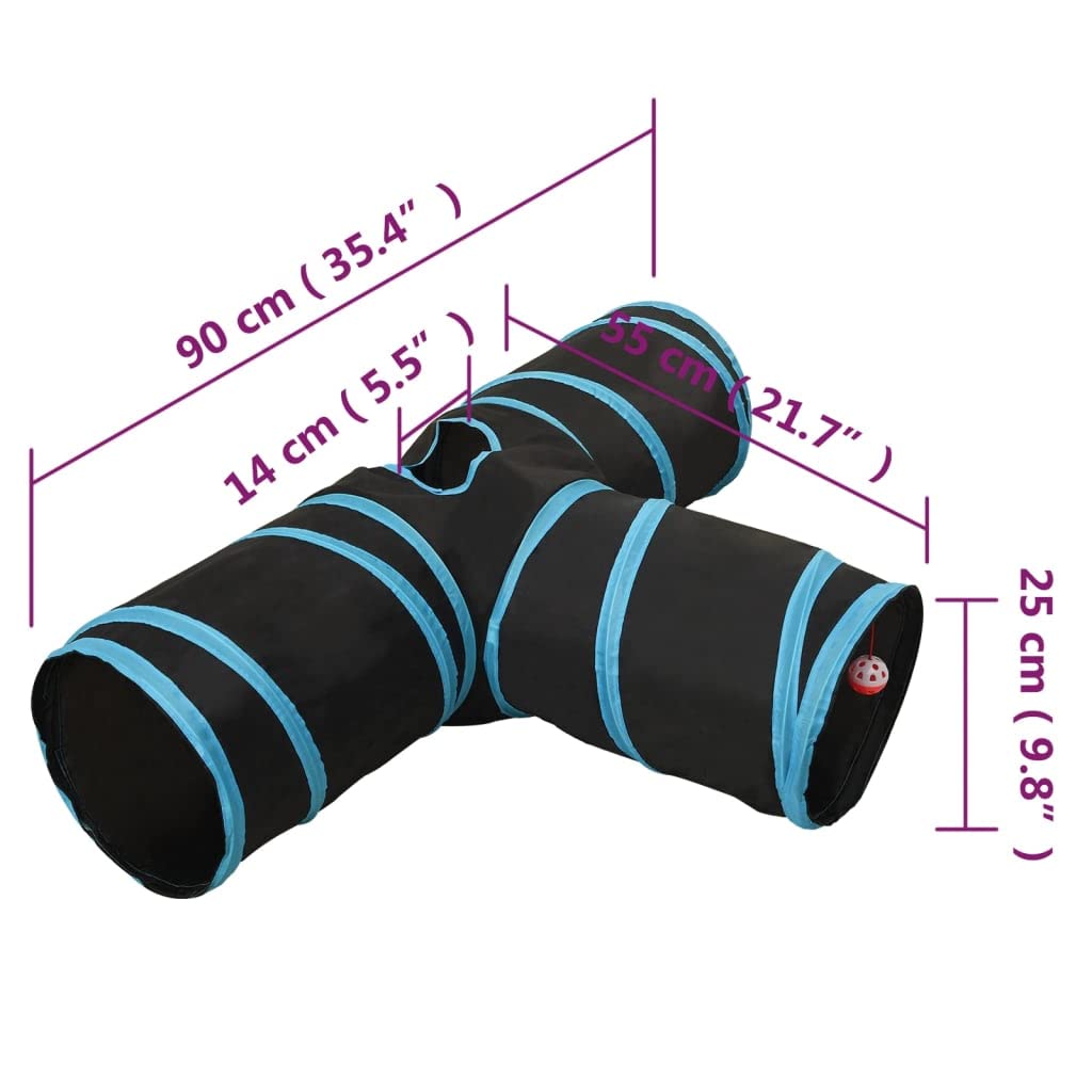 Katzentunnel 3-Wege Schwarz Blau 90 cm Polyester Stahlrahmen Indoor Outdoor Spielzelt Krabbeltunnel Versteckspielzeug