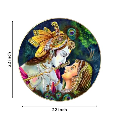 Image of PAINTINGMANTRA Radha Krishna Pichwai Art Round Large Wall Art Painting for Living Room Decoration, Circular Gold Metal Finish Stylish Large Wall Art Print for Wall Decor (22x22 Inches)