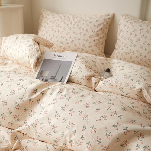 Image of LifeTB Full Size Comforter Set Chic Botanical Floral Strawberry Bedding Set | Cottagecore Flowers Strawberry Comforter for All Season Aesthetic Floral Bedding Comforter with 2 Pillowcases