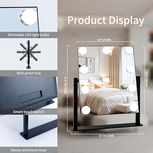 Image of Kotdning Vanity Mirror with Lights,Lighted Vanity Mirror with 9 Dimmable Bulbs for Dressing Room & Bedroom,3 Color Lighting,Modes Detachable 10x Magnification 360Ratation (Black) 12 inch L x 14.4 inch W