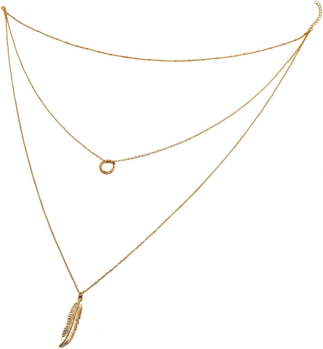 Wowanoo Simple Layered Bar Pendant Necklace Boho Feather Chain Necklace for Women Jewelry Feather