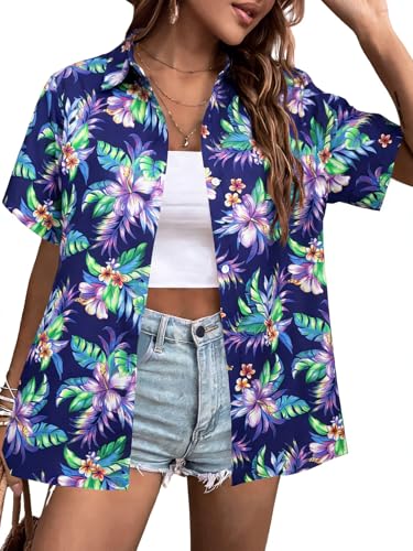 Image of ASTANFY Hawaiian Shirt Women Hawaii T-Shirt Tropical Floral Printed V Neck Shirts Soft Cool Summer Beach Button Up Blouse