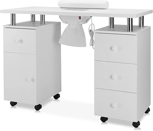 OmySalon Manicure Table Nail Desk for Nail Tech, Nail Table Beauty Salon Station w/Electric Dust Collector Acetone Resistant w/Lockable Wheel,Arm Rest