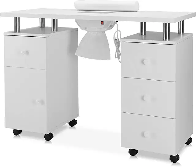 Bonnlo Professional Nail Desk with Dust Collector, Lockable Wheels & Storage