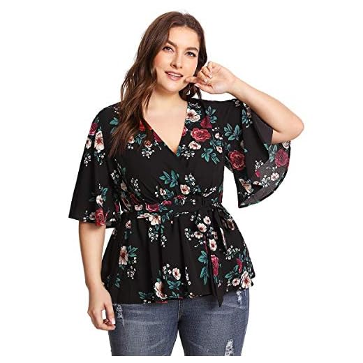 Romwe Women's Plus Size Floral Print Short/Long Sleeve Belt Tie Peplum Wrap Blouse Top Shirts Black 2XL