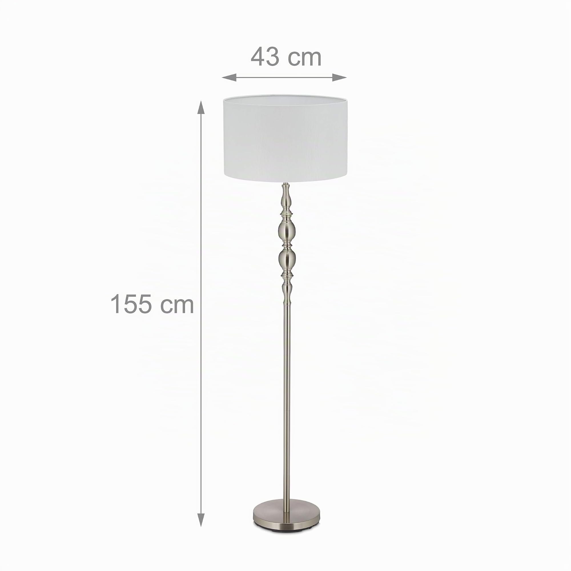 Relaxdays Lampada da Terra, Piantana Salotto E27, Cavo, Paralume Stoffa Ø 43 cm, Design Vintage, 155 cm, Bianco/Argento