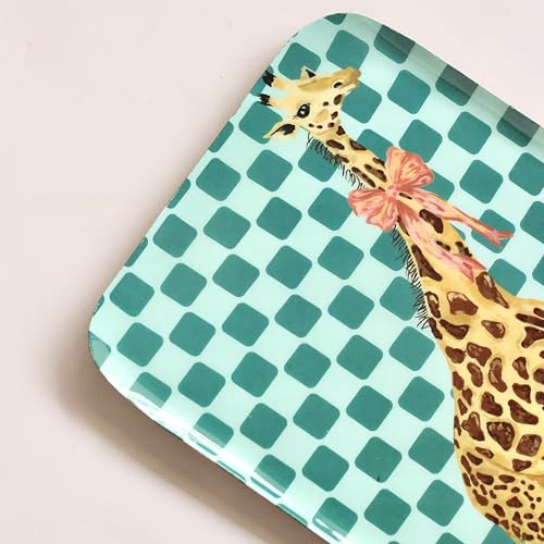 Image of The Wishing Chair High Society Metal Wall Plate | Decorative Iron Wall Art with Giraffe Design & Teal Checkered Pattern | Quirky Animal Wall Hanging Decor for Living Room, Bedroom & Kids Room