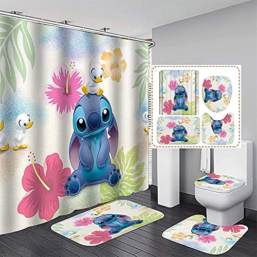 Fgolphd Stitch Duschvorhang 180x200 180x180 200x240 blau Grün Blätter Strand Bunt Badezimmerteppich 4-teiliges Set,Shower Curtains Waschbar (180 x 180 cm,19) Cover